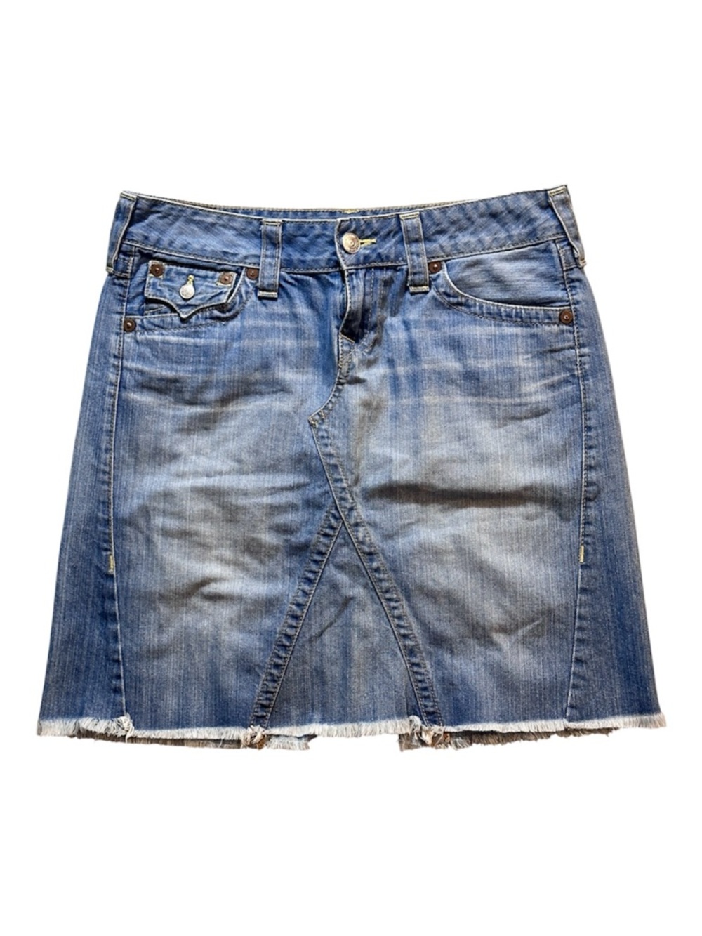 True Religion Denim Skirt Abby Section Blue Raw Hem Y2K Stretch 31